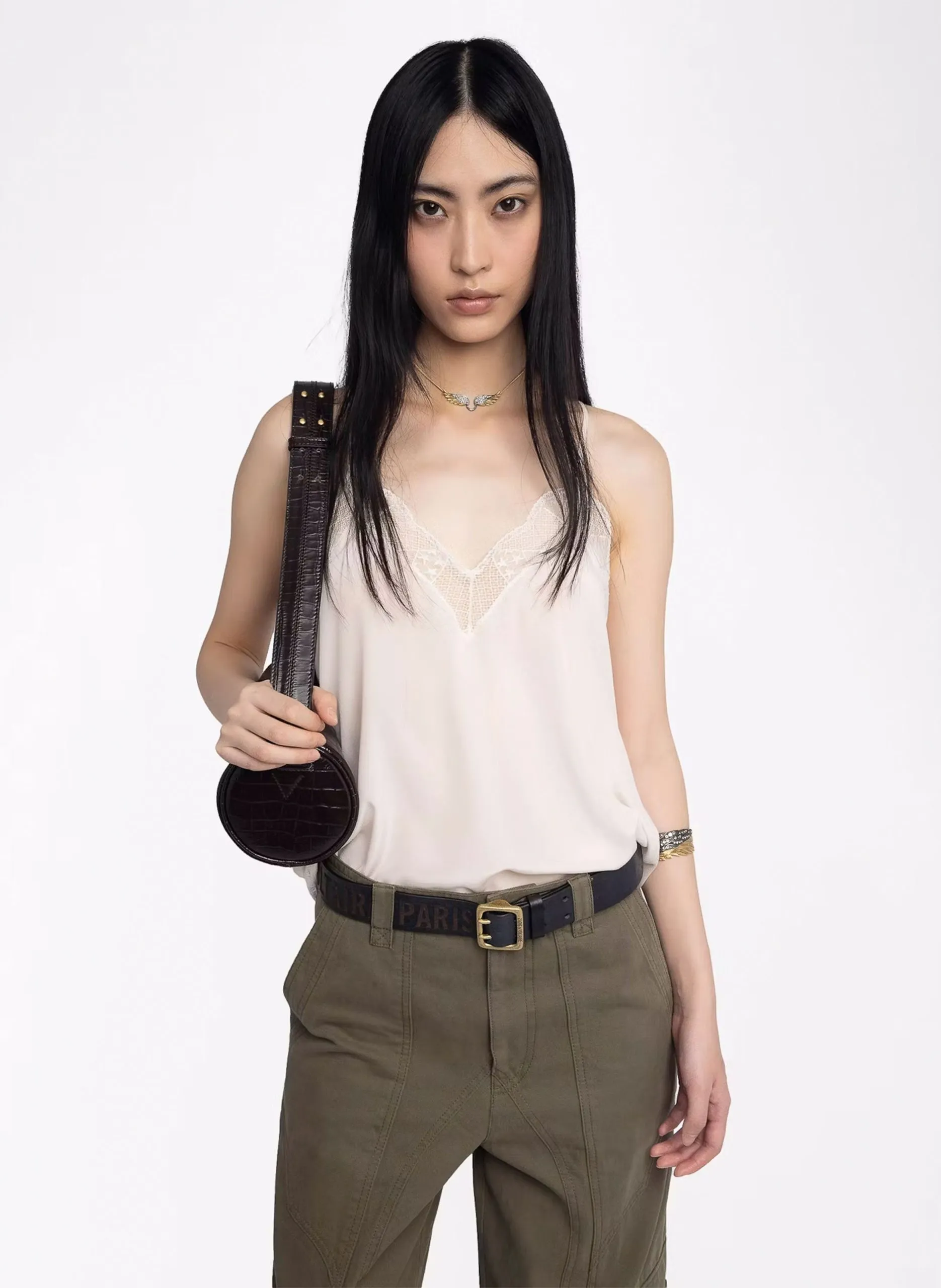 Débardeur uni à dentelle en soie Blanc CHRISTY