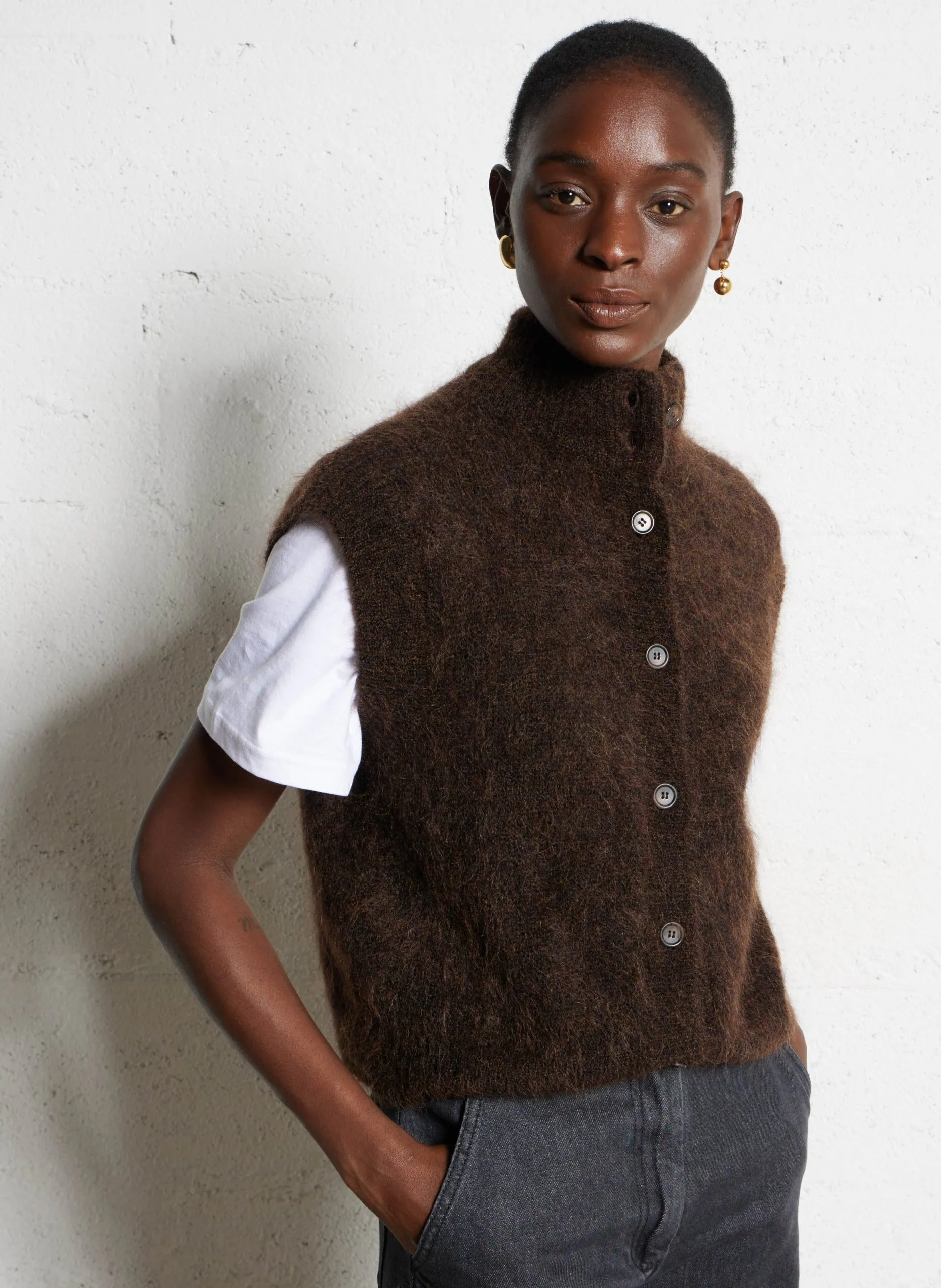 Gilet col montant en laine mélangée Marron ALIBOU