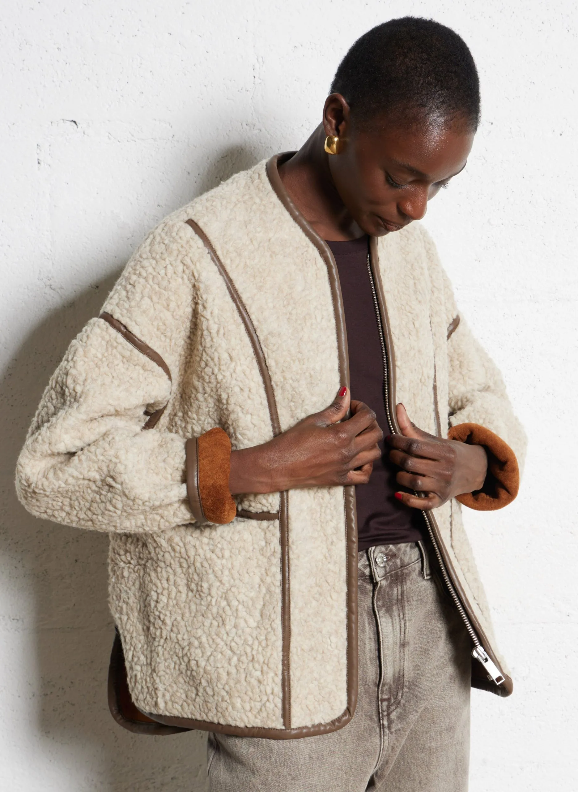 Veste oversize col V Beige JINA