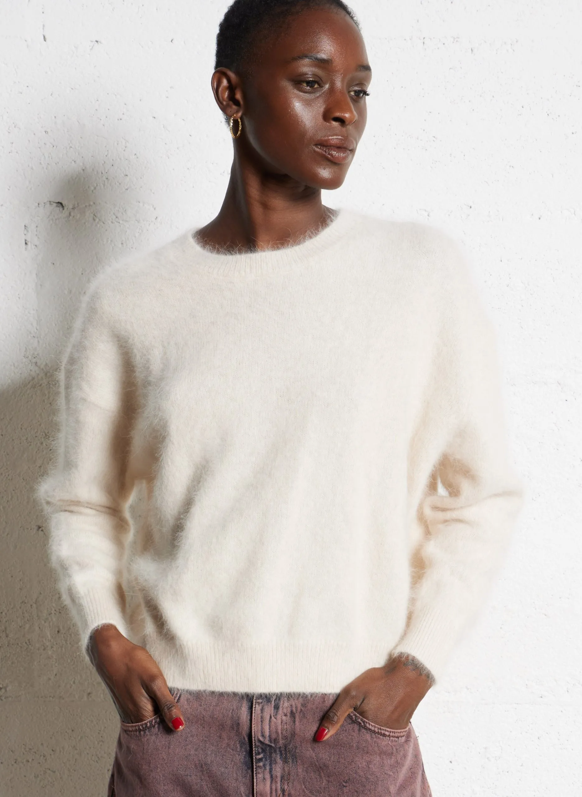 Pull oversize col rond en angora mélangé Beige DATUS