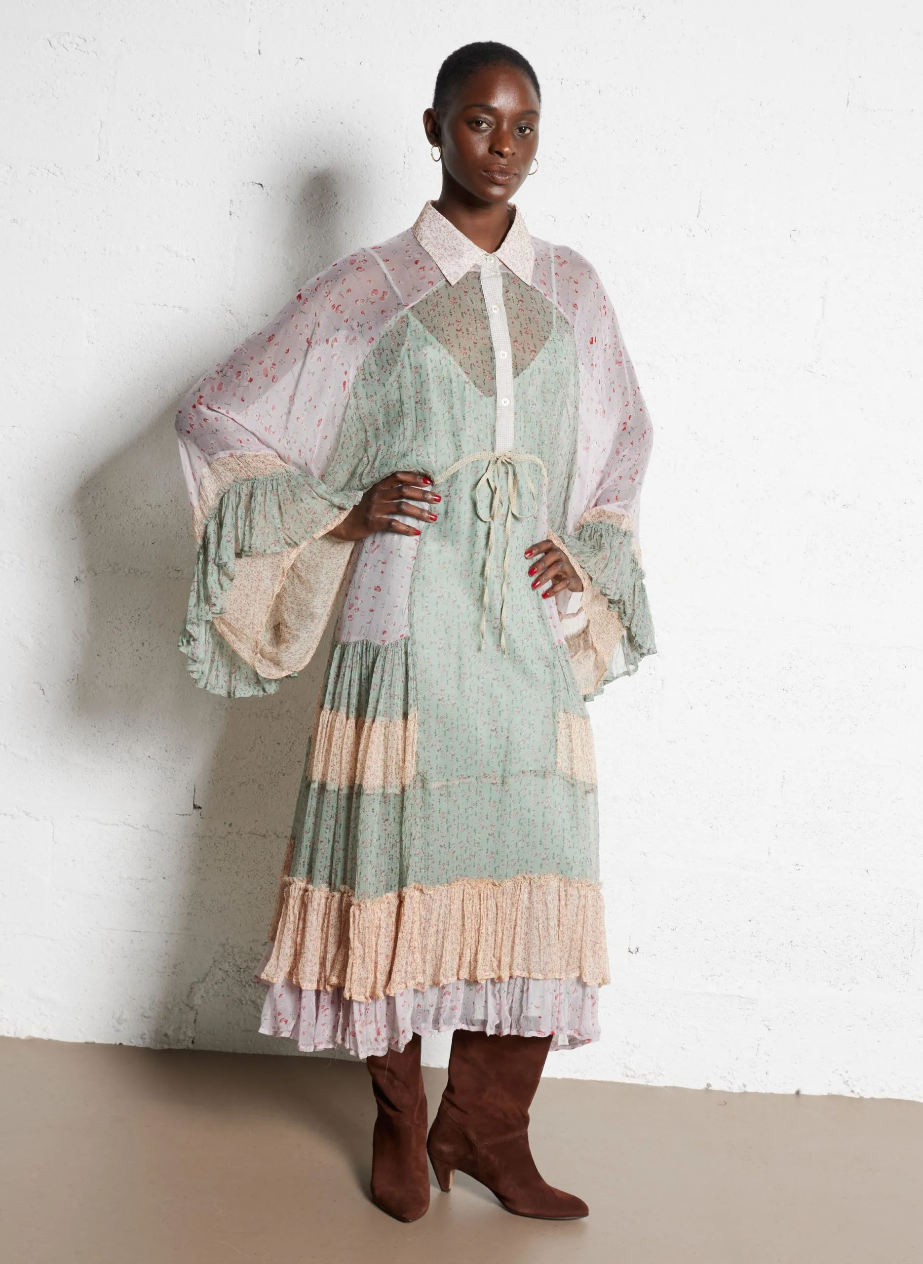 Robe longue col classique à imprimé fleuri Bleu LUBUD