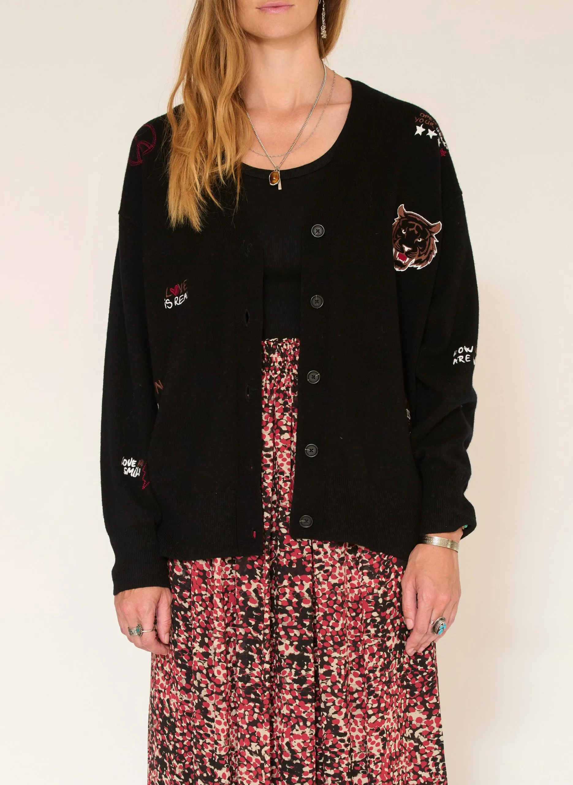 Gilet ample col V brodé en laine mérinos Noir KAIZEN