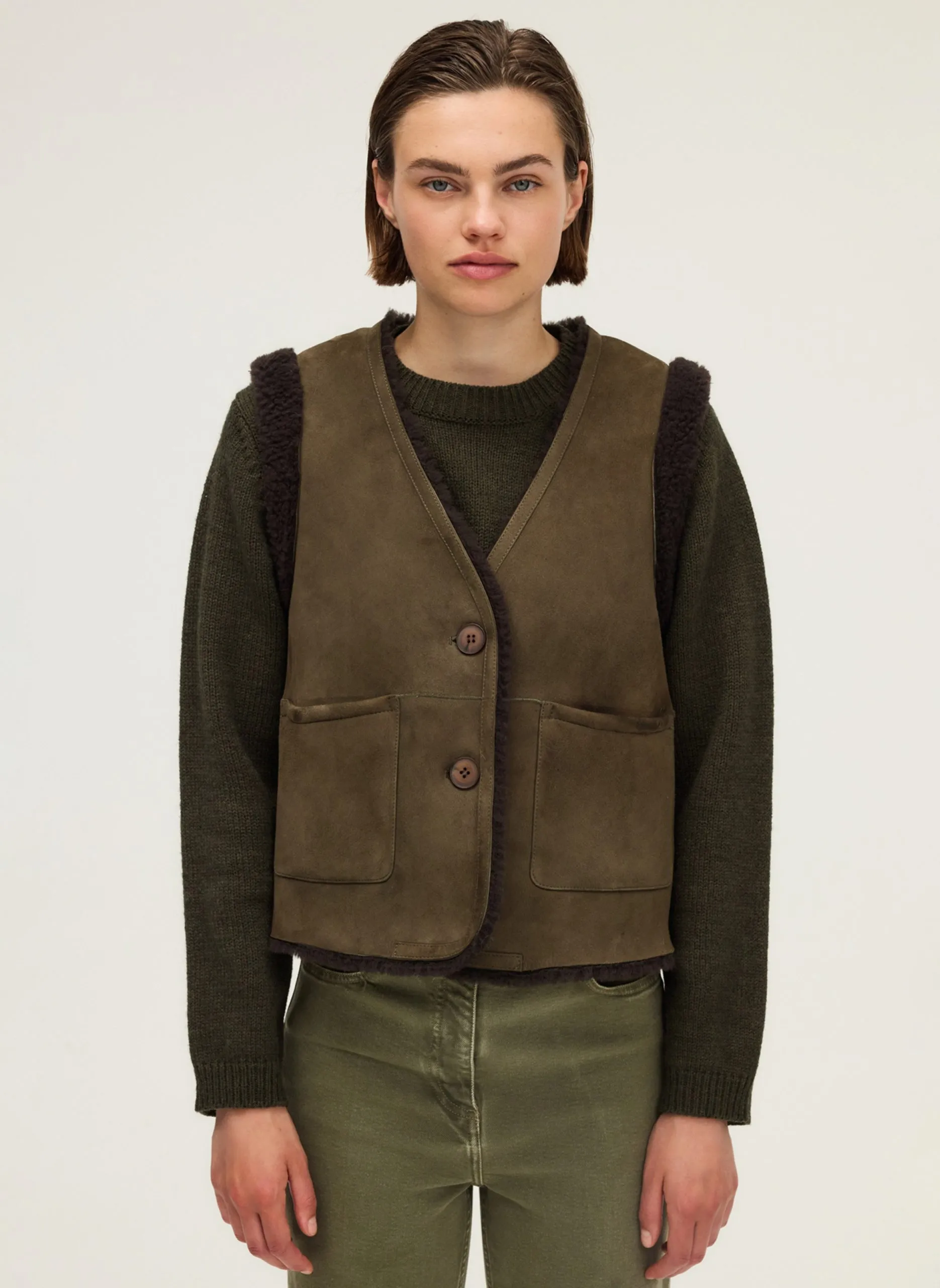 Veste col v réversible en cuir Kaki NIARA