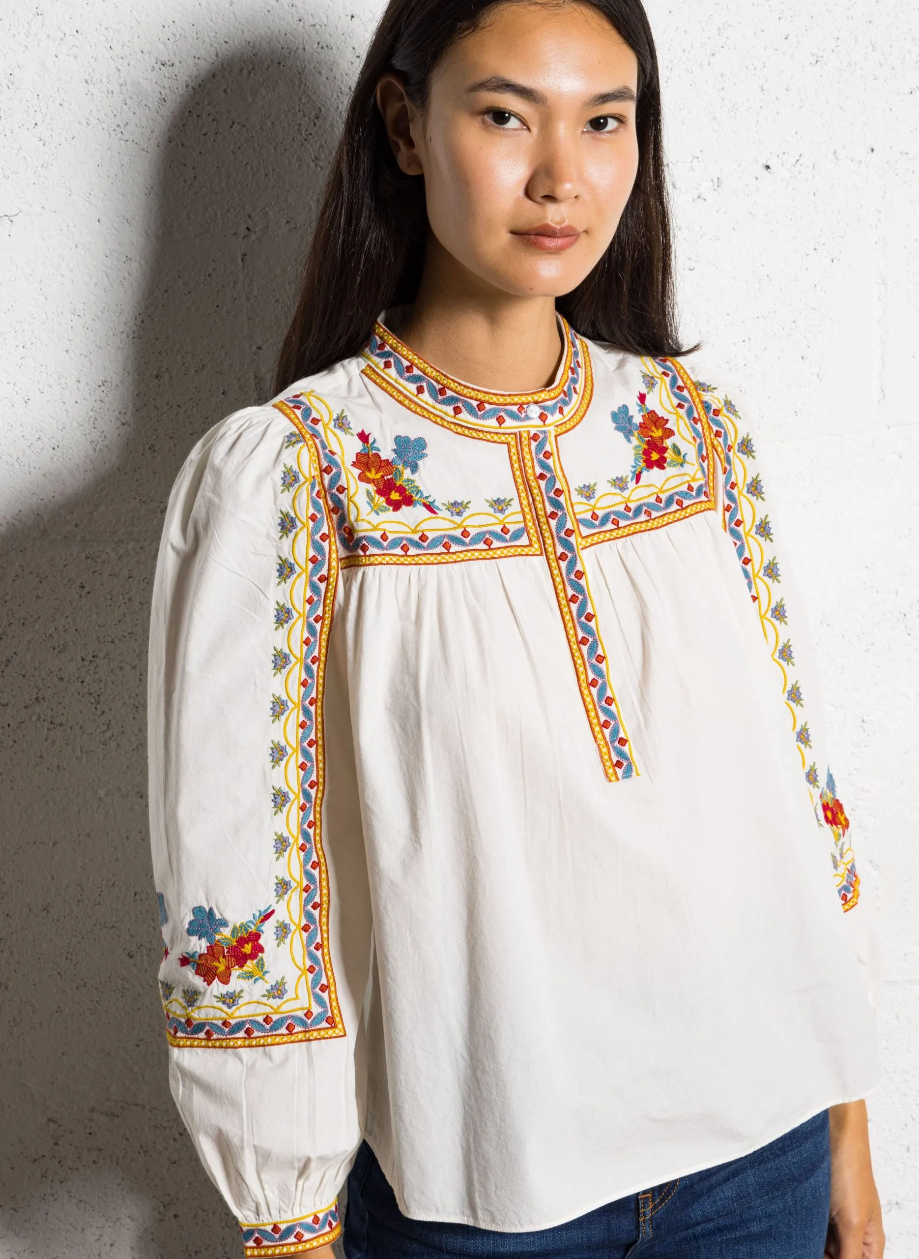 Top brodé en coton col rond Blanc TEZANO