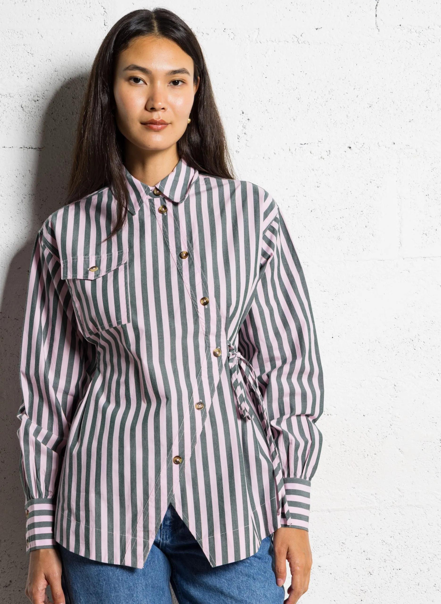 Chemise asymétrique col classique rayée en coton bio Multicolore LUX