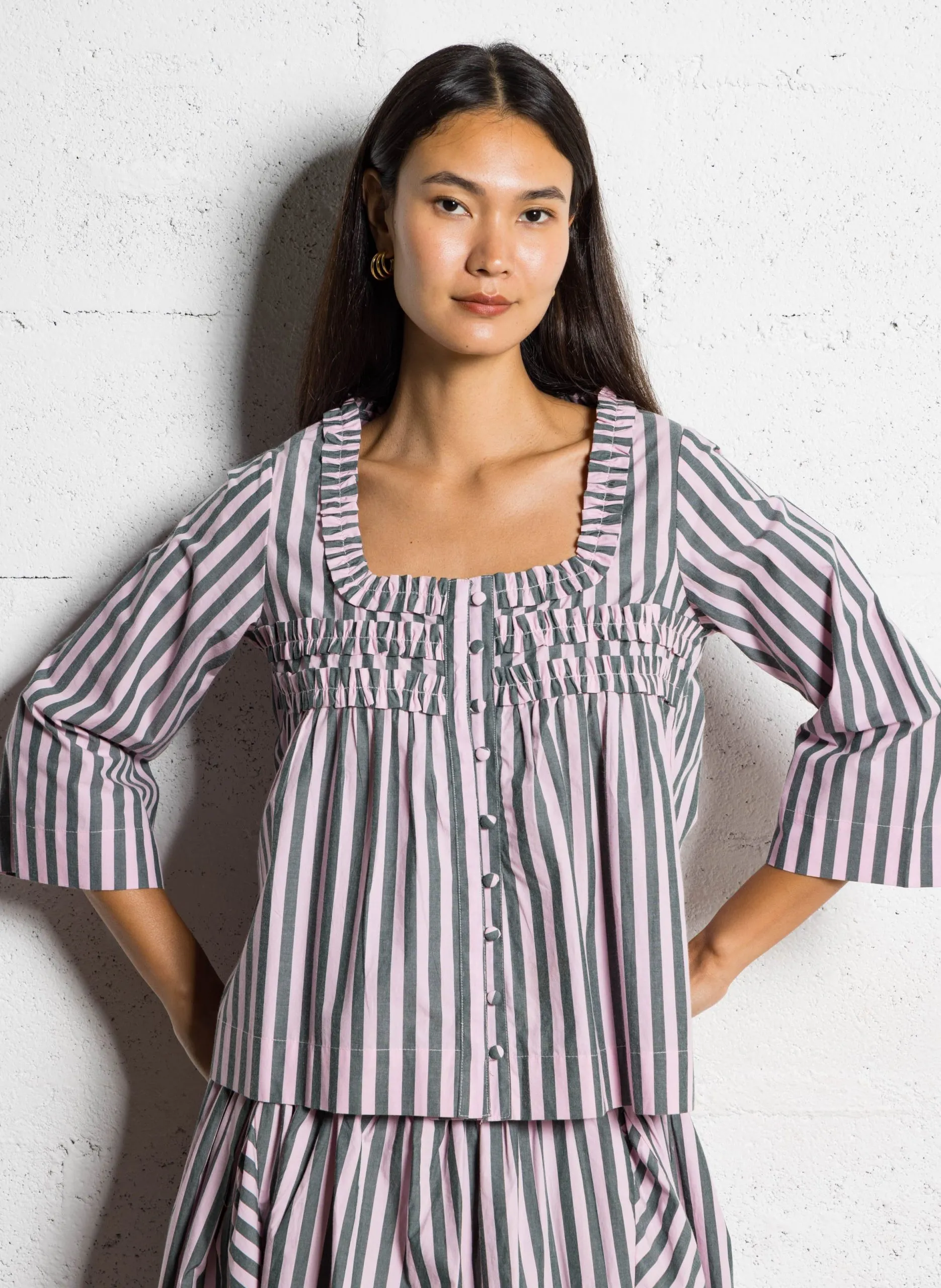 Blouse col carré rayée en coton bio Multicolore LEILANI