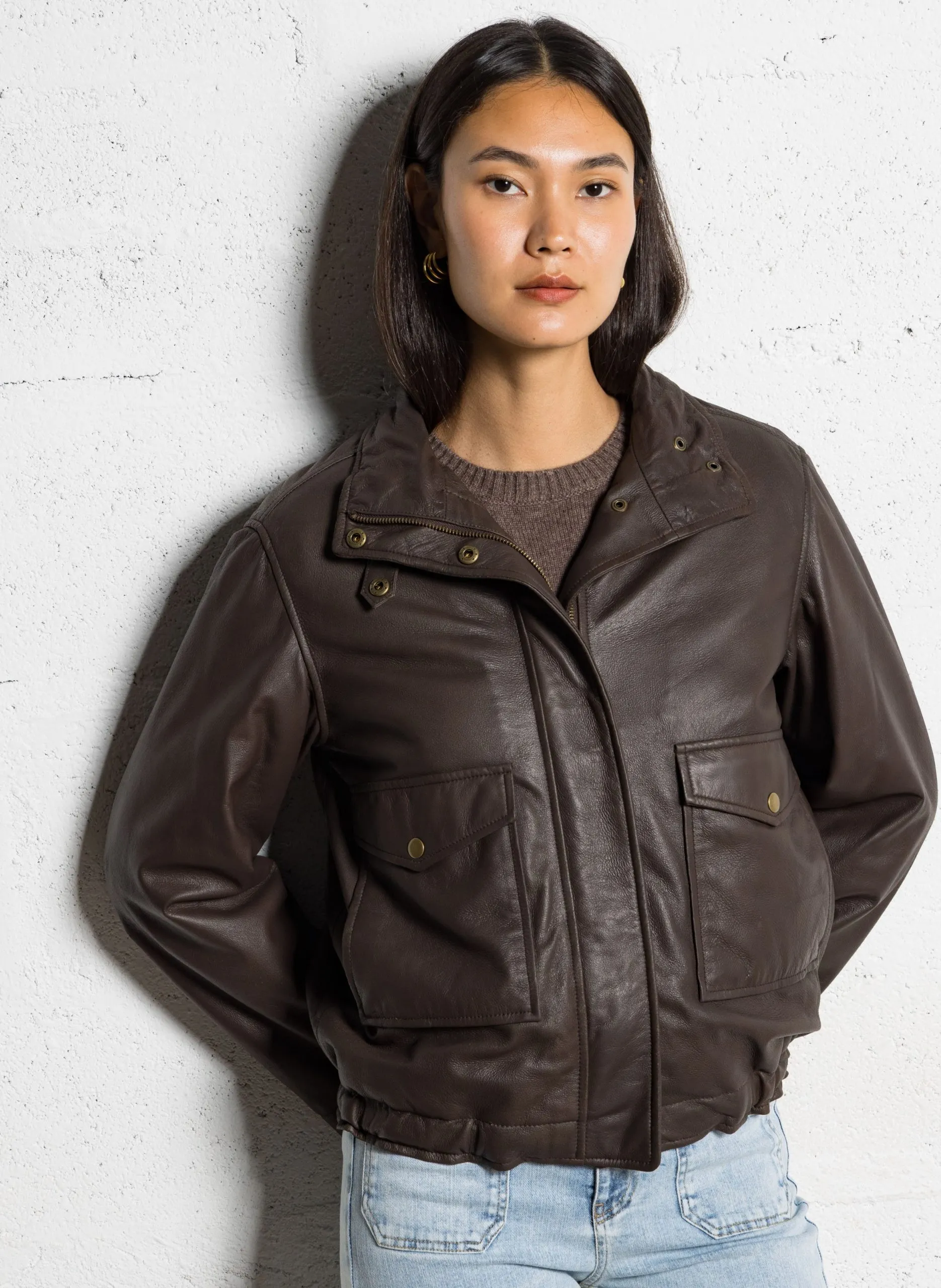 Blouson col montant en cuir Marron PERLE