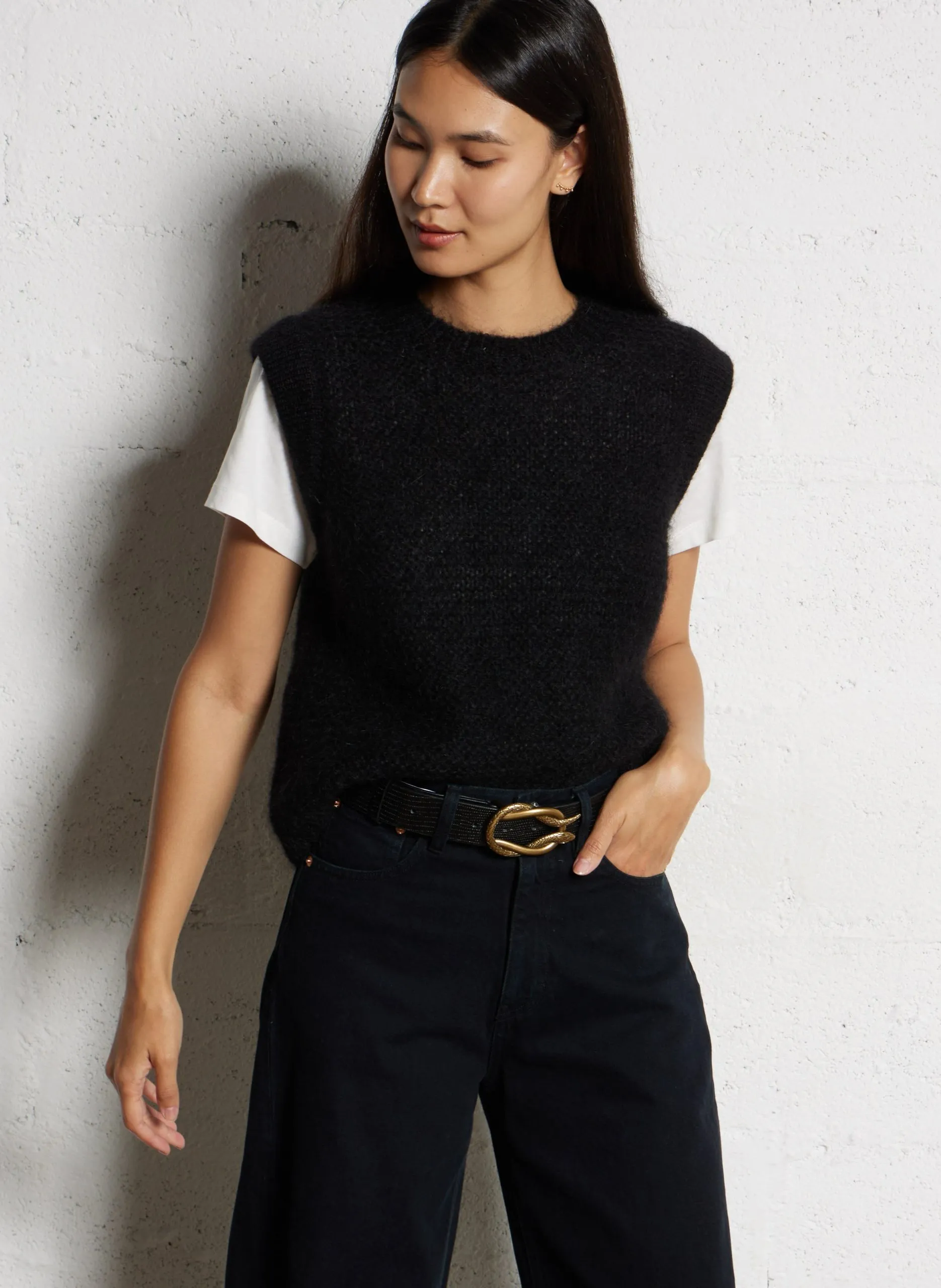 Pull sans manches col rond en laine mélangée Noir MOTANA