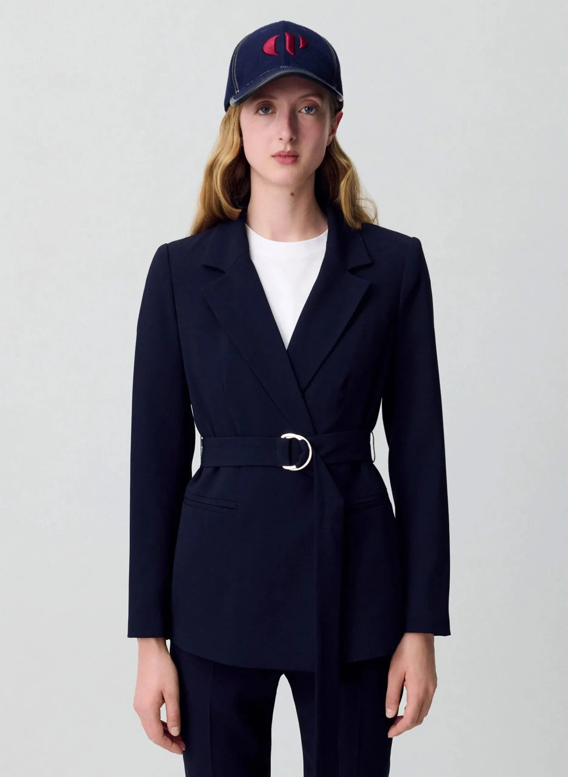 Veste col tailleur cintrée ceinturée Bleu