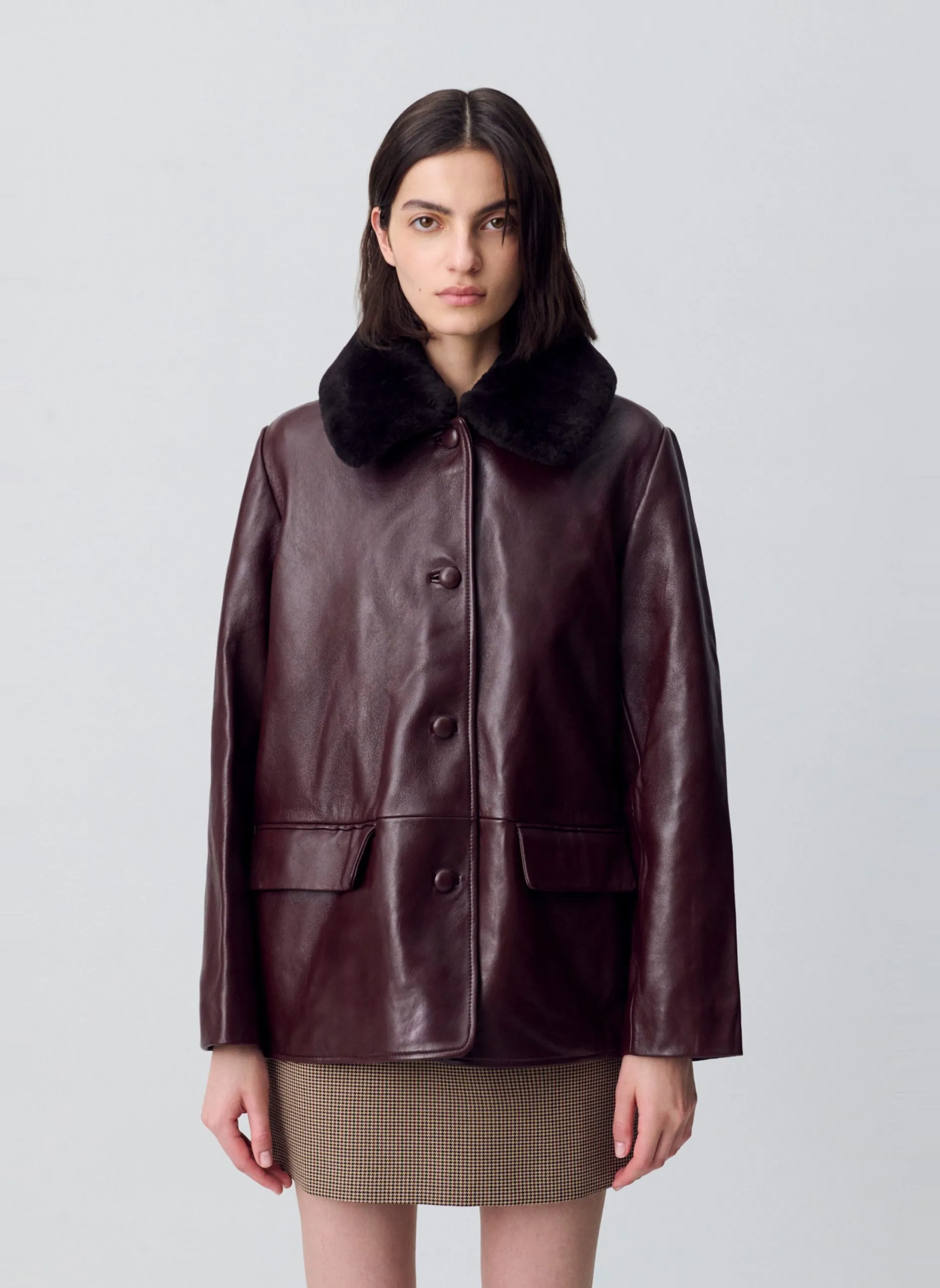 Veste large unie à col fourrure en cuir Rouge CYNDRA