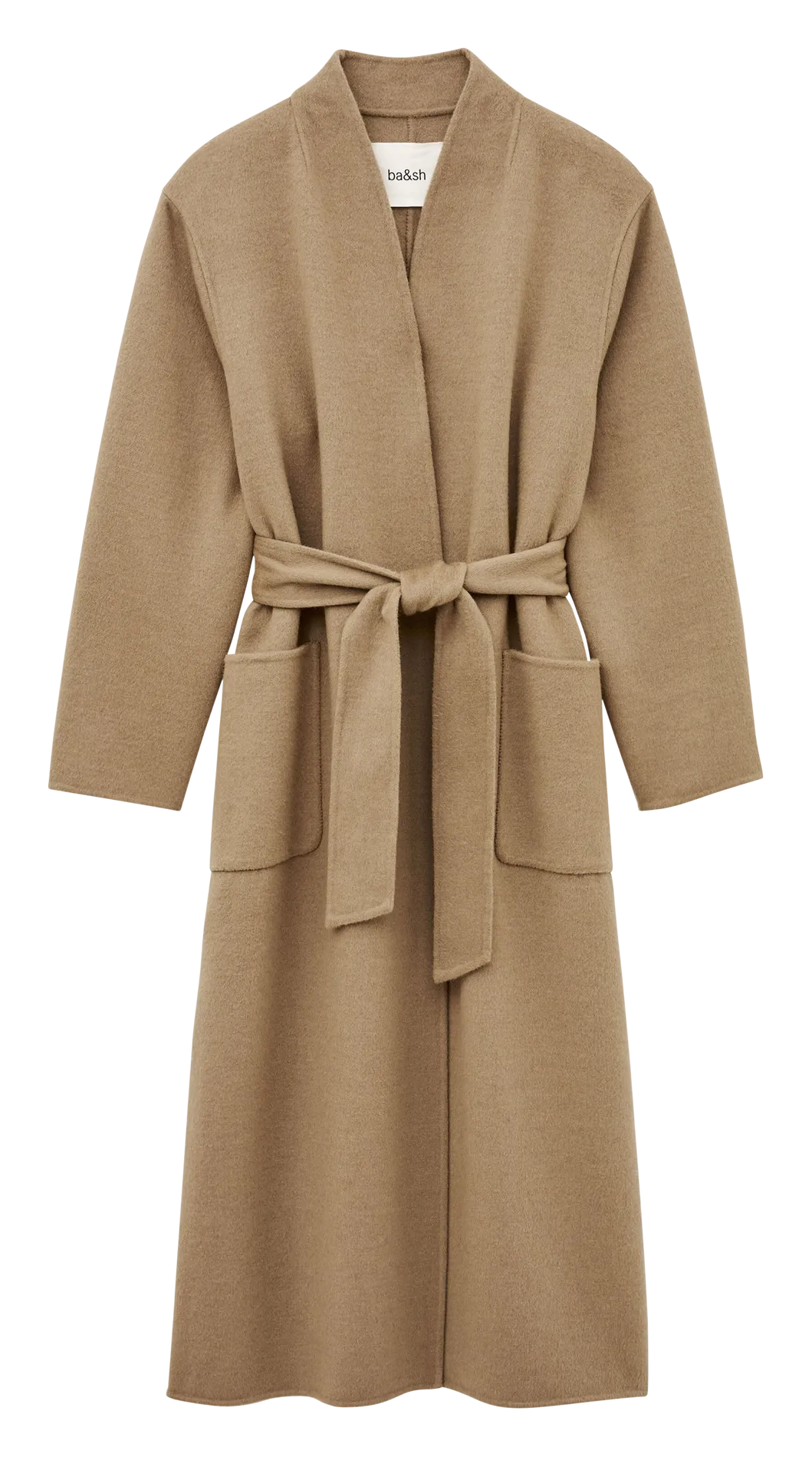 Long manteau col v en laine mélangée Marron KAY