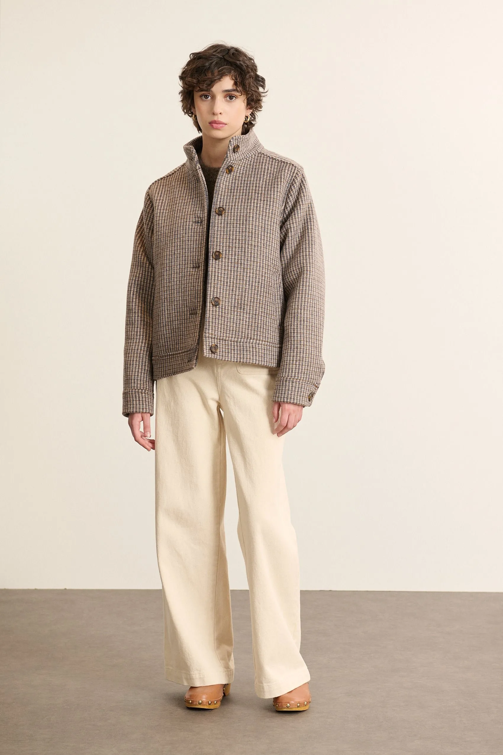 Veste courte à carreaux en laine mélangé Bleu TRUFFE