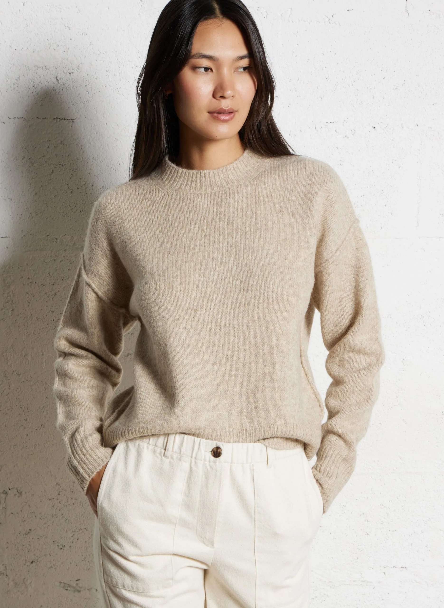 Pull ample col rond en laine mélangée Beige MAEVA