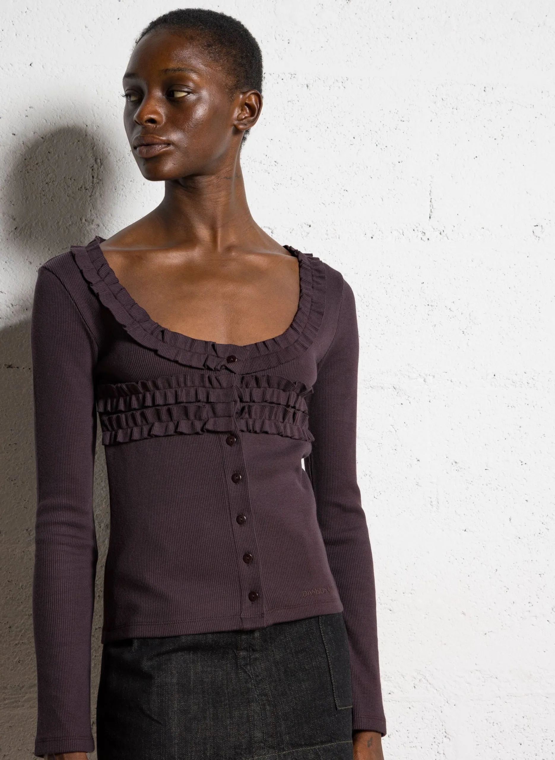 Pull col rond en coton bio mélangé Marron VARSHA FRILLY