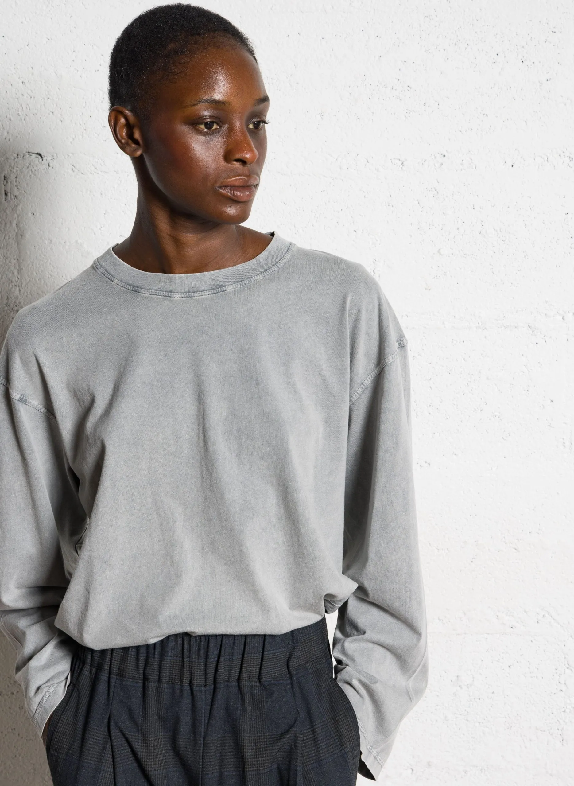 Tee-shirt ample col rond brodé en coton Gris FANDY