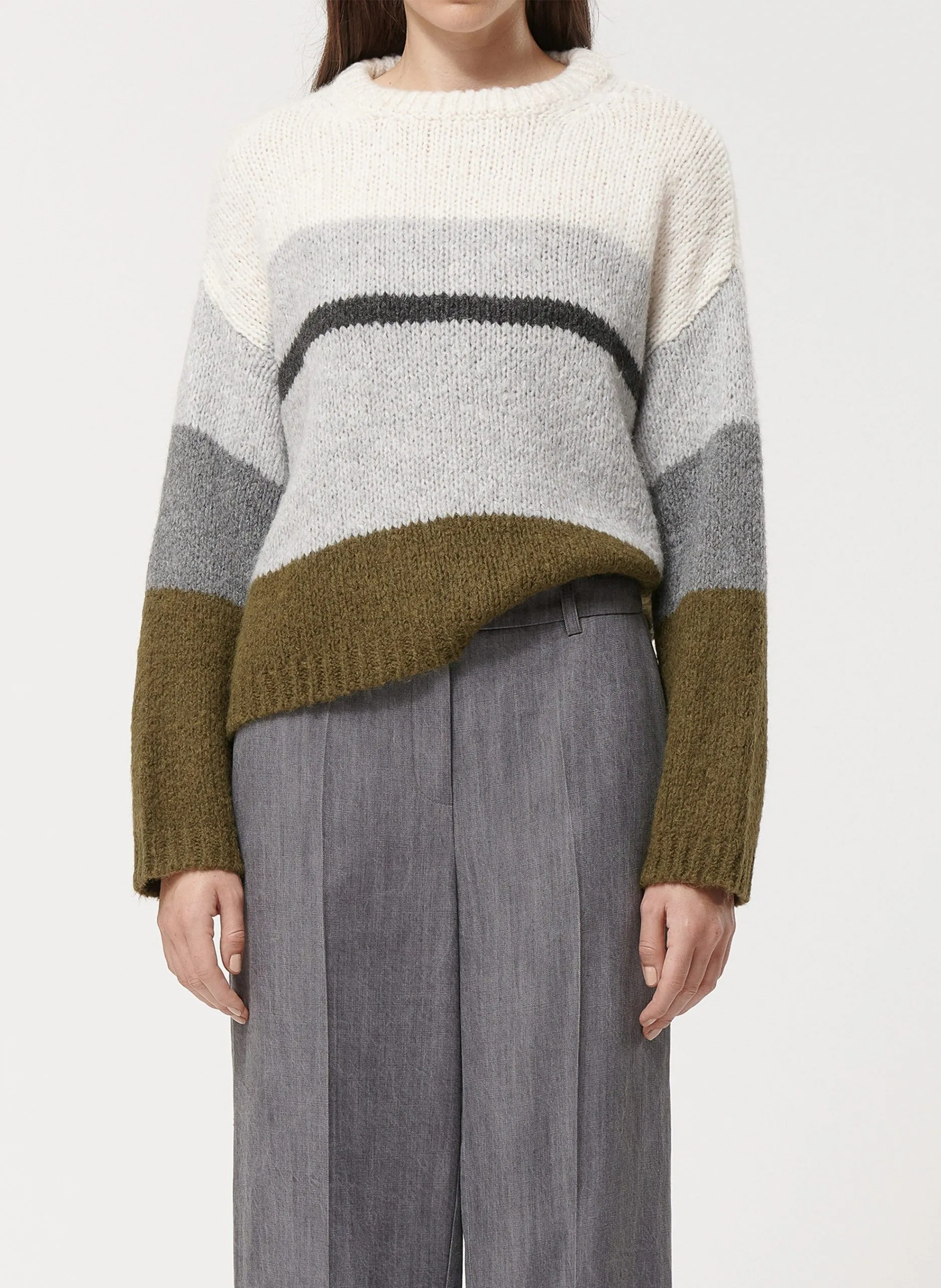 Pull ample col rond rayé en maille mélangé Argent