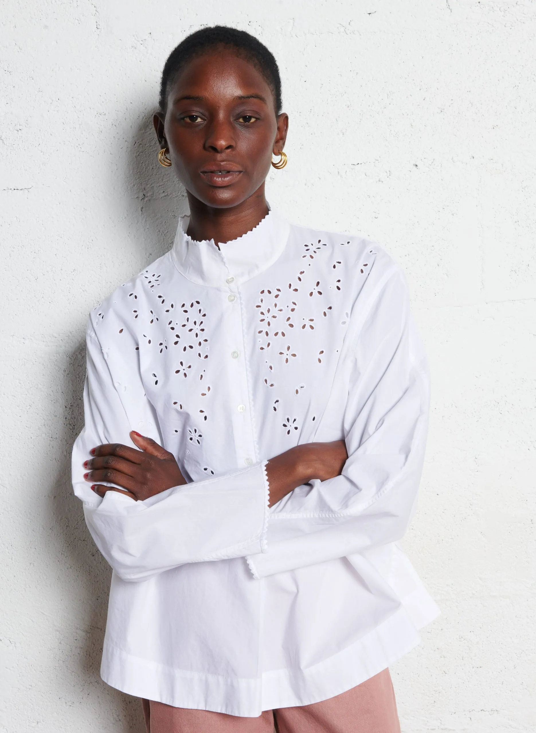 Chemise brodée col montant en popeline de coton Blanc GREECE