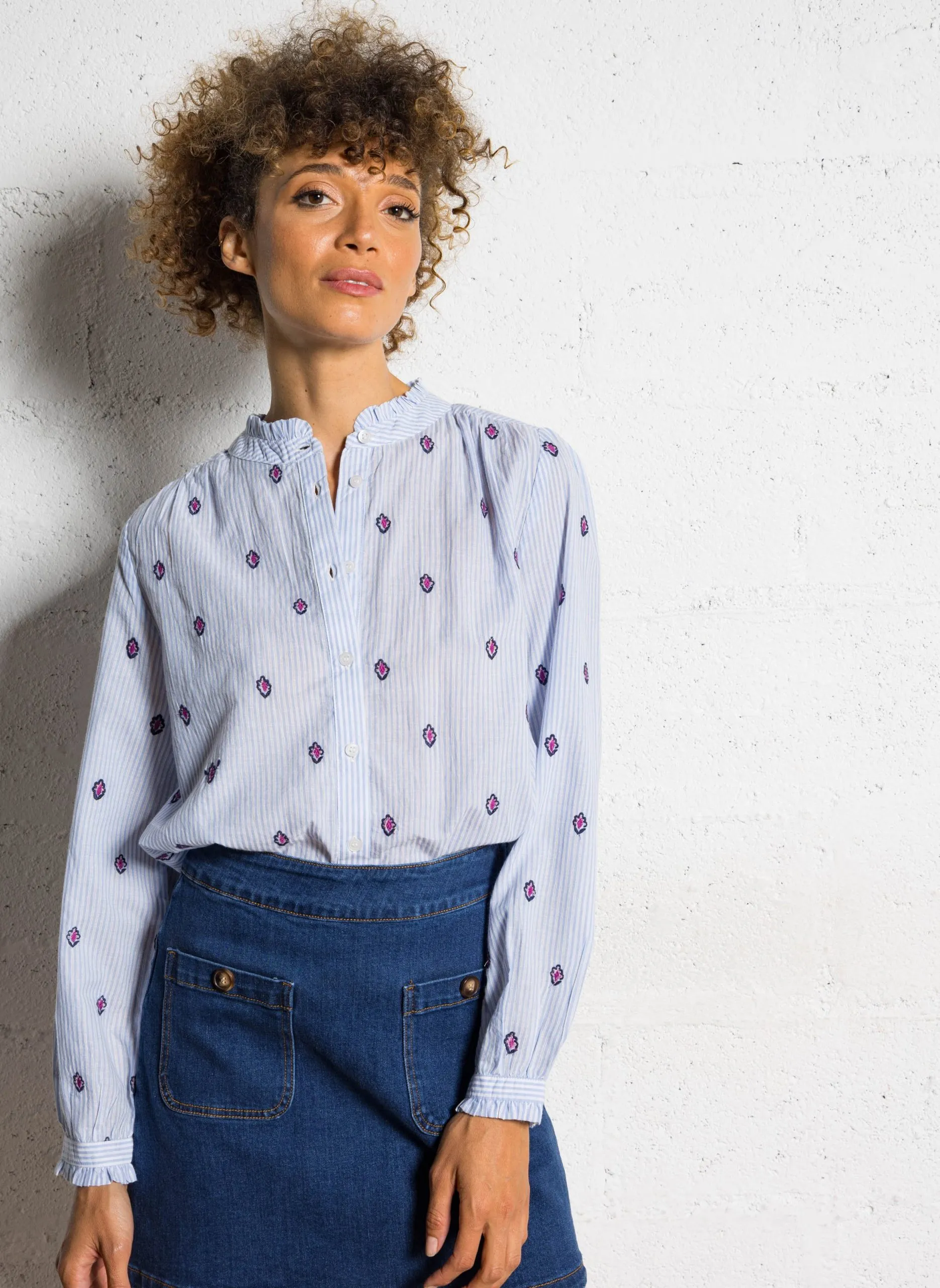 Blouse droite rayée à broderies Bleu BLOOMA