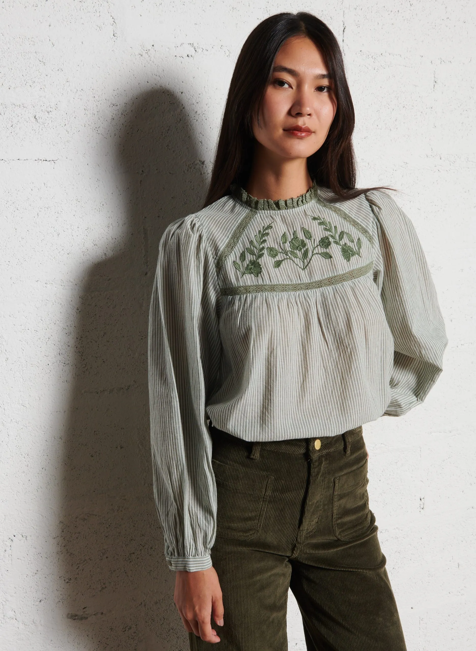 Blouse ample col rond à rayures Vert BIRTIN