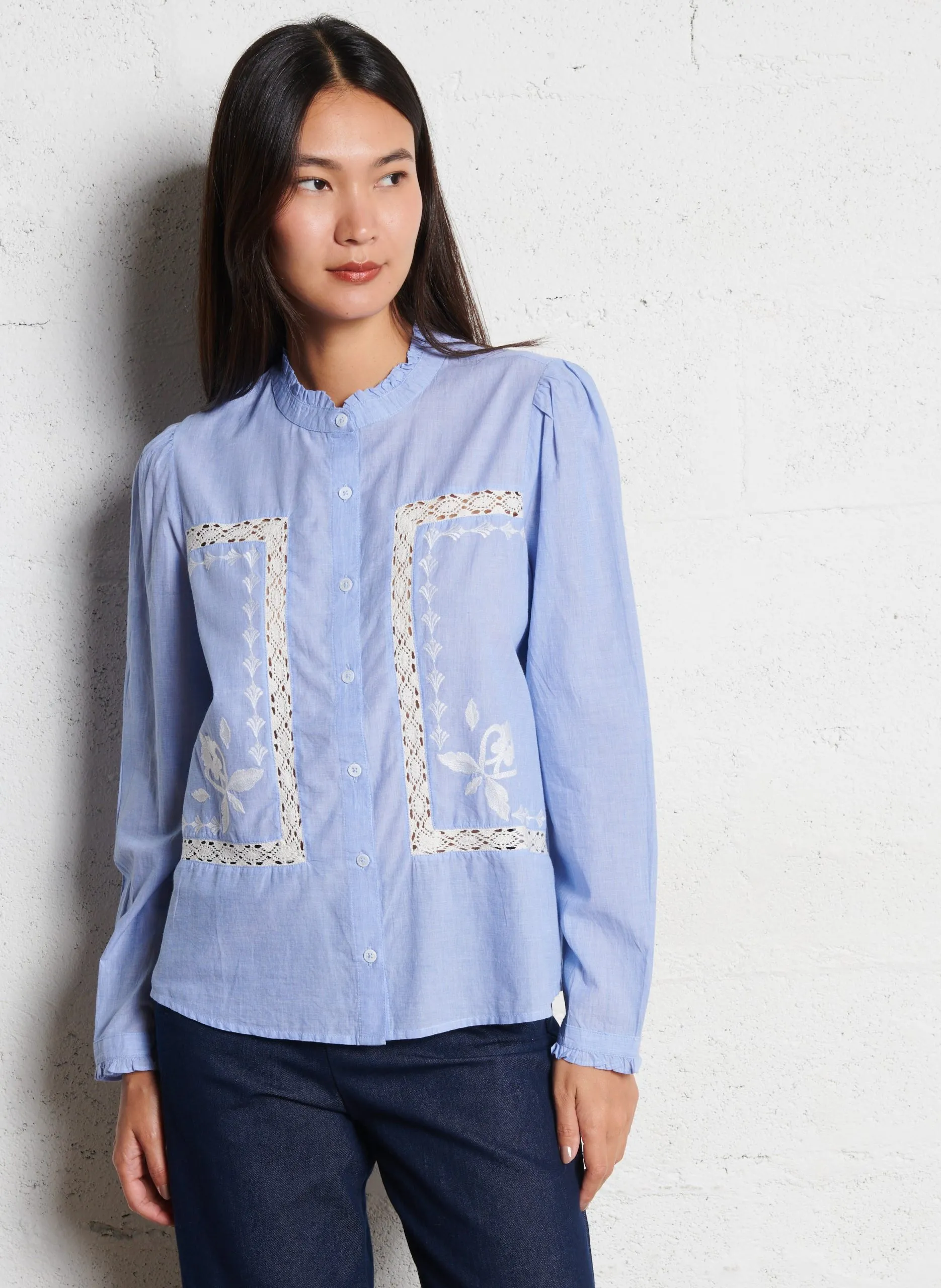 Blouse col officier en coton Bleu BORYS