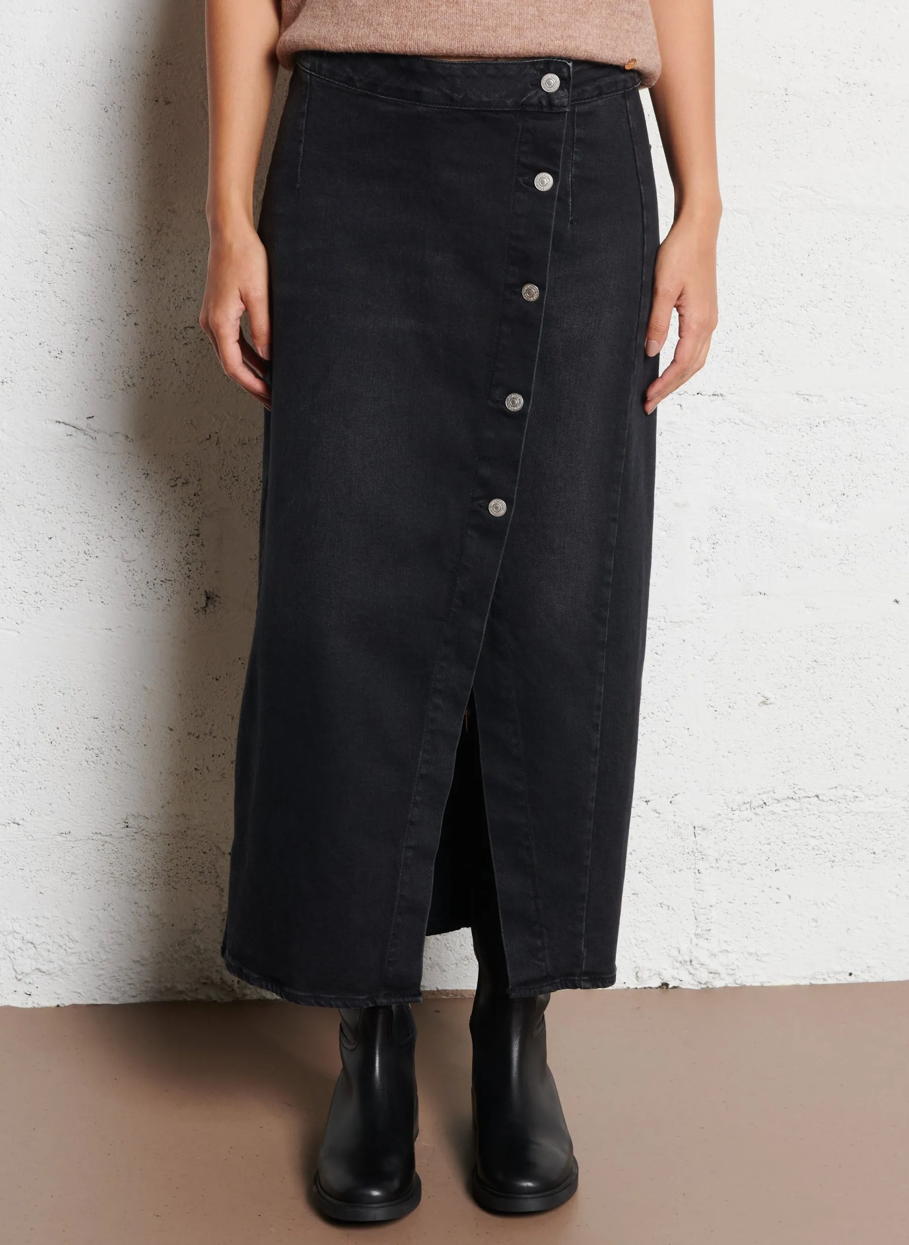 Jupe longue en denim de coton mélangé Noir RAPHI