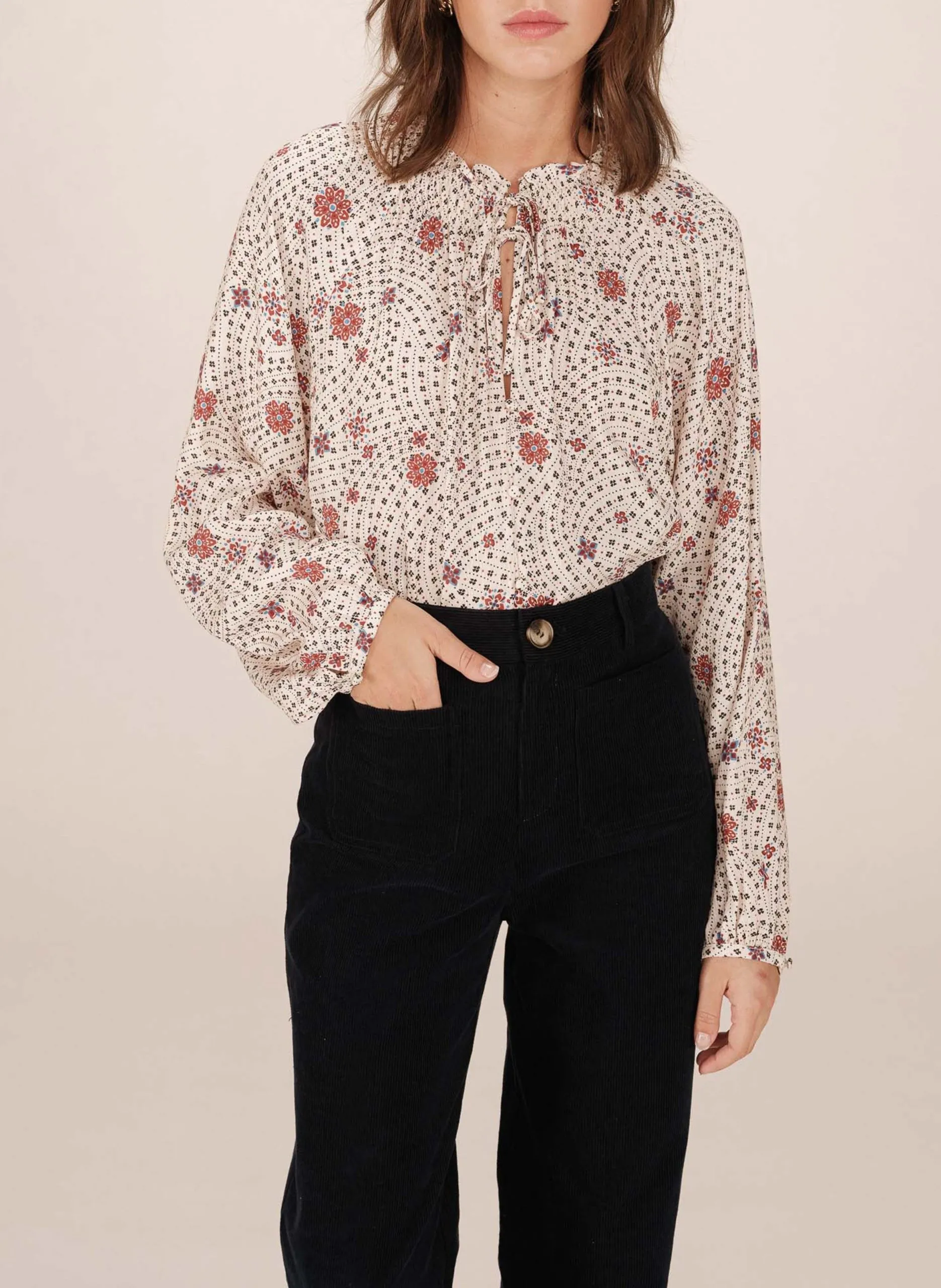 blouse droite col rond imprimée Blanc SCARLETT