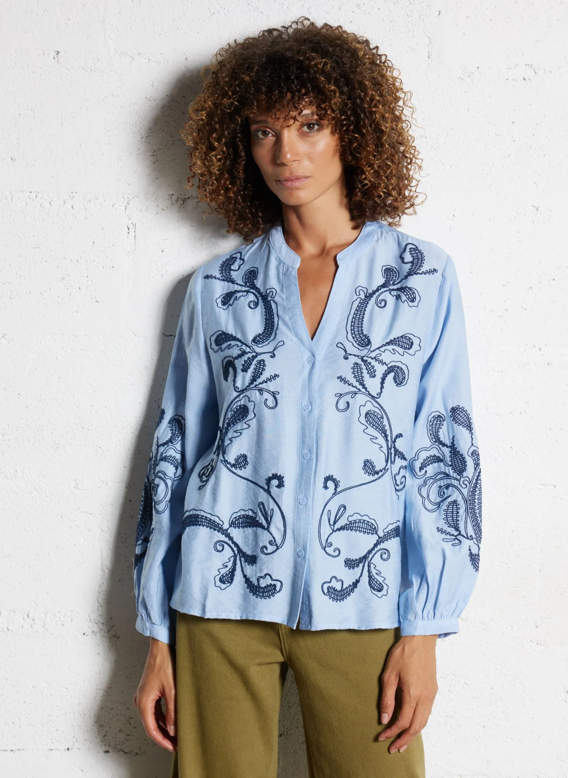 Chemise oversize col tunisien en coton mélangé Bleu BEYTA