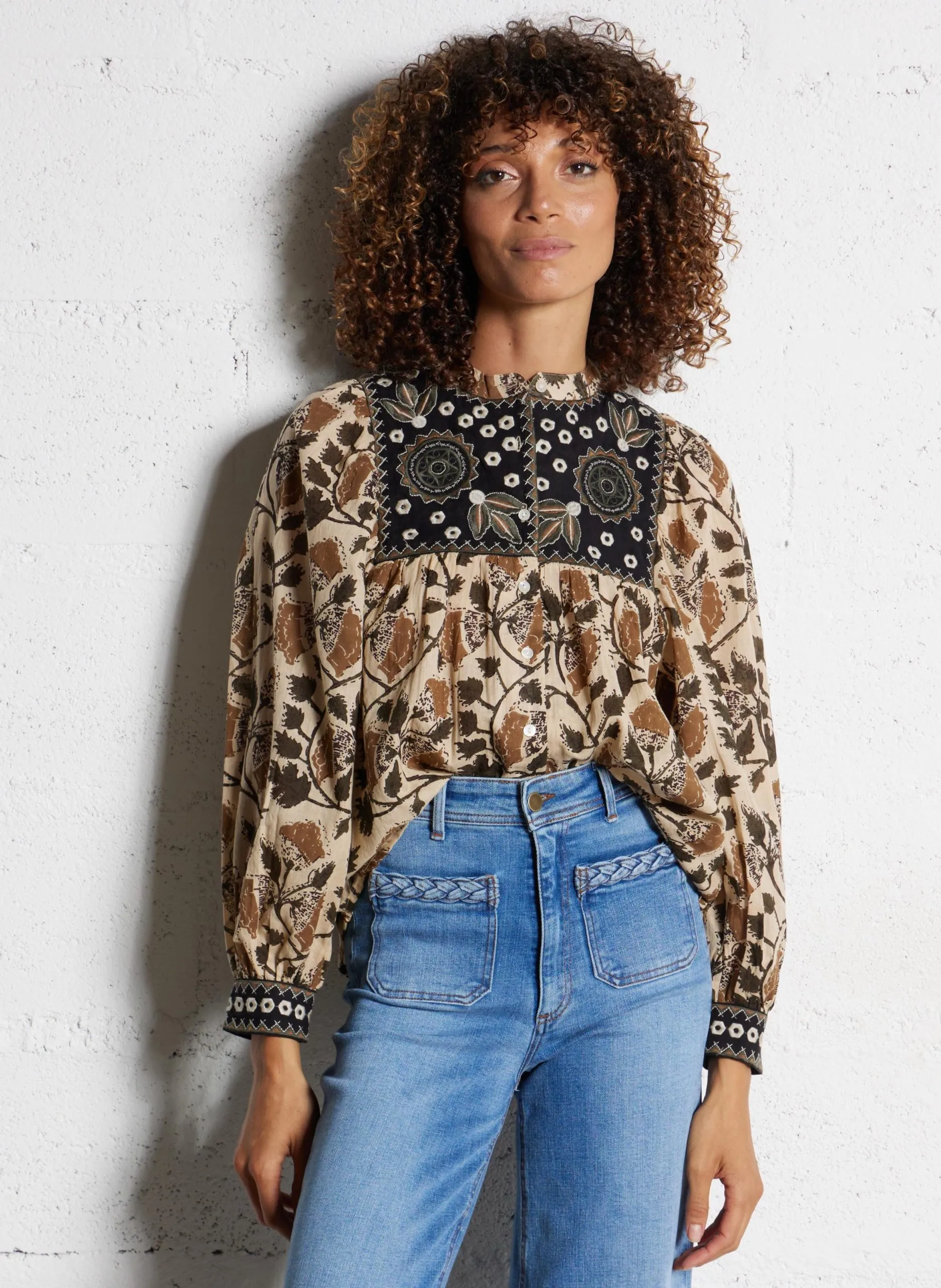 Blouse col rond brodée à motifs en coton Vert BOTANICAL FLORA AMELIA