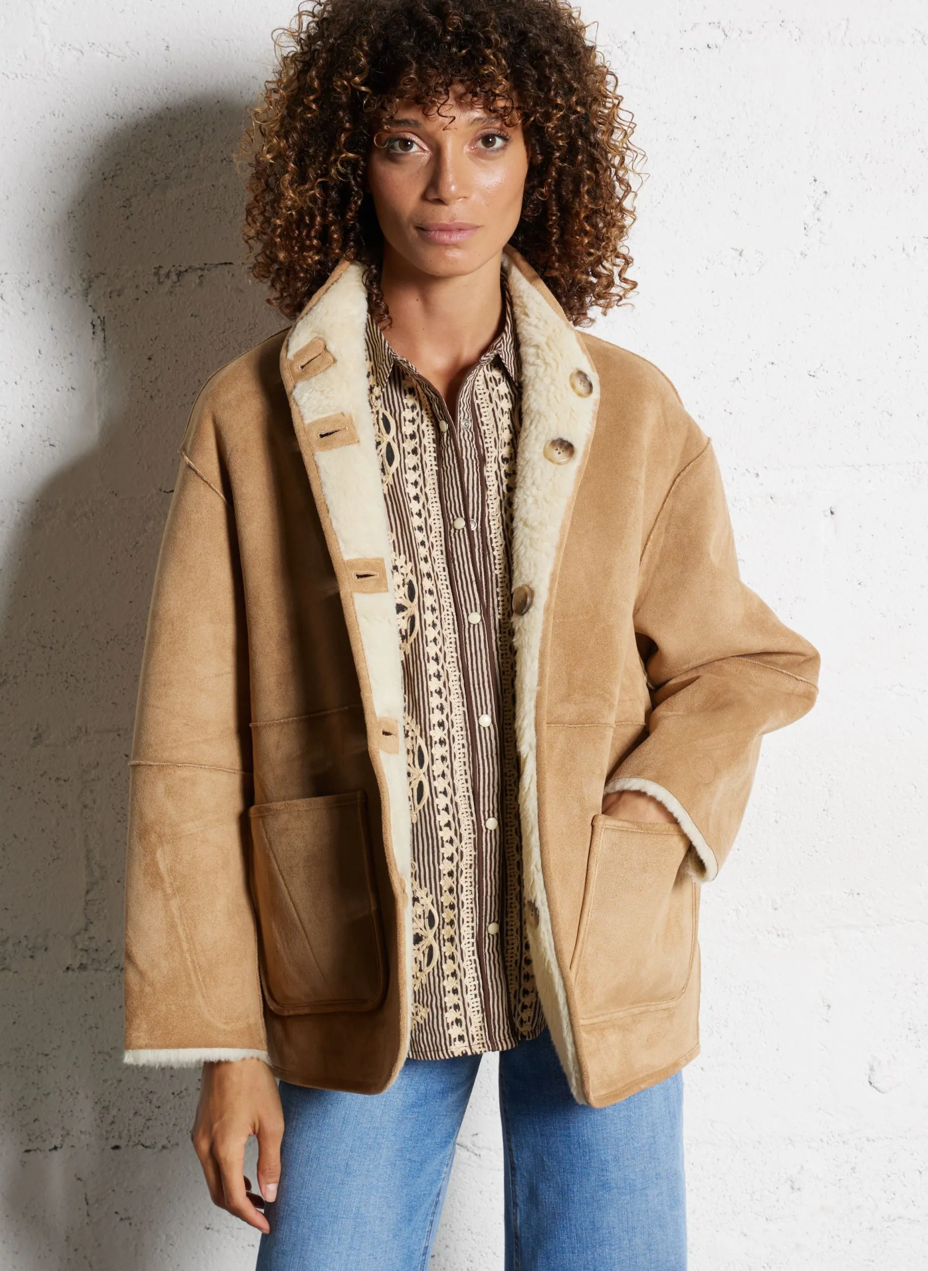 Veste droite col montant Beige
