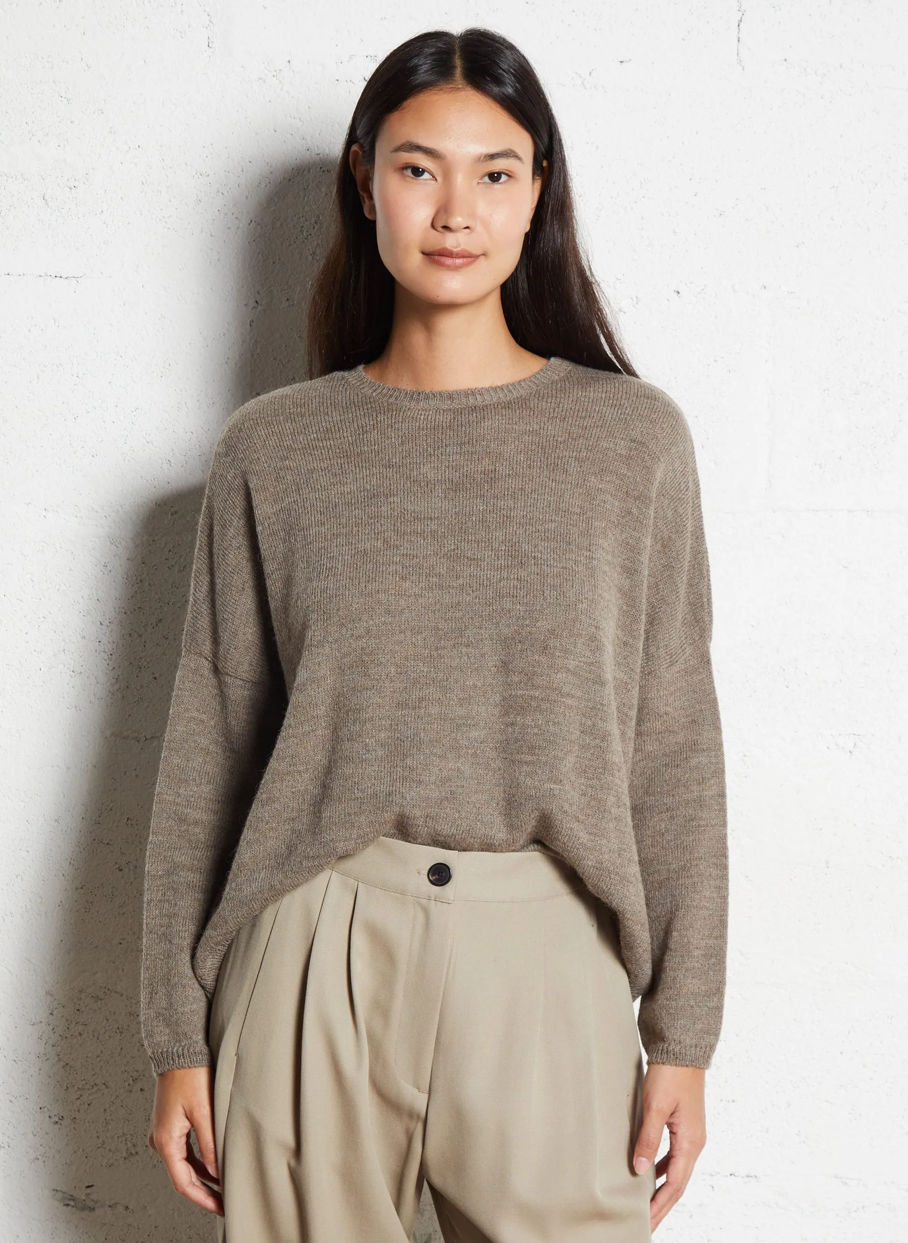 Pull oversize col rond en alpaga mélangé Marron GRENVILLE