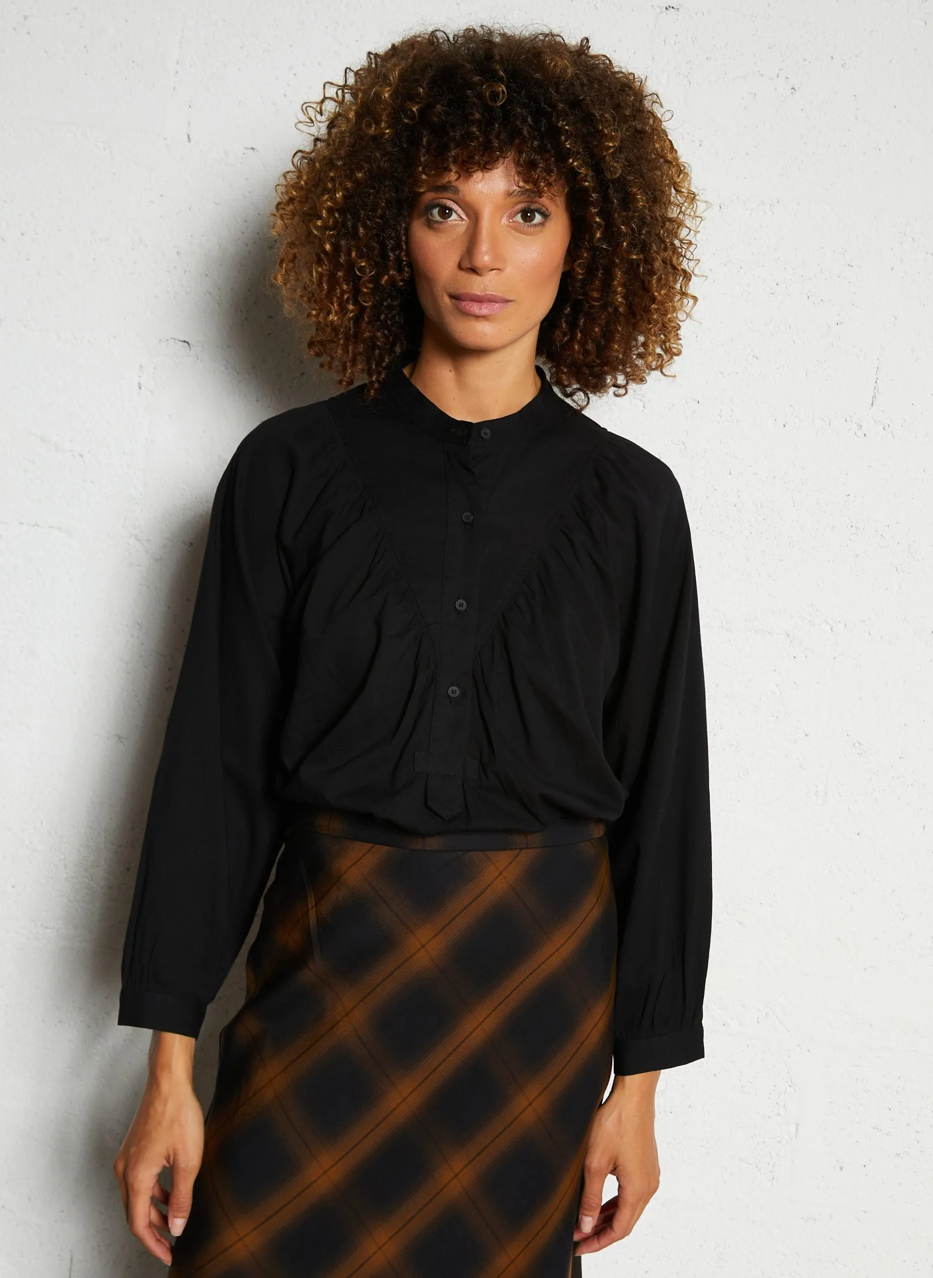 Blouse col rond en coton mélangé Noir