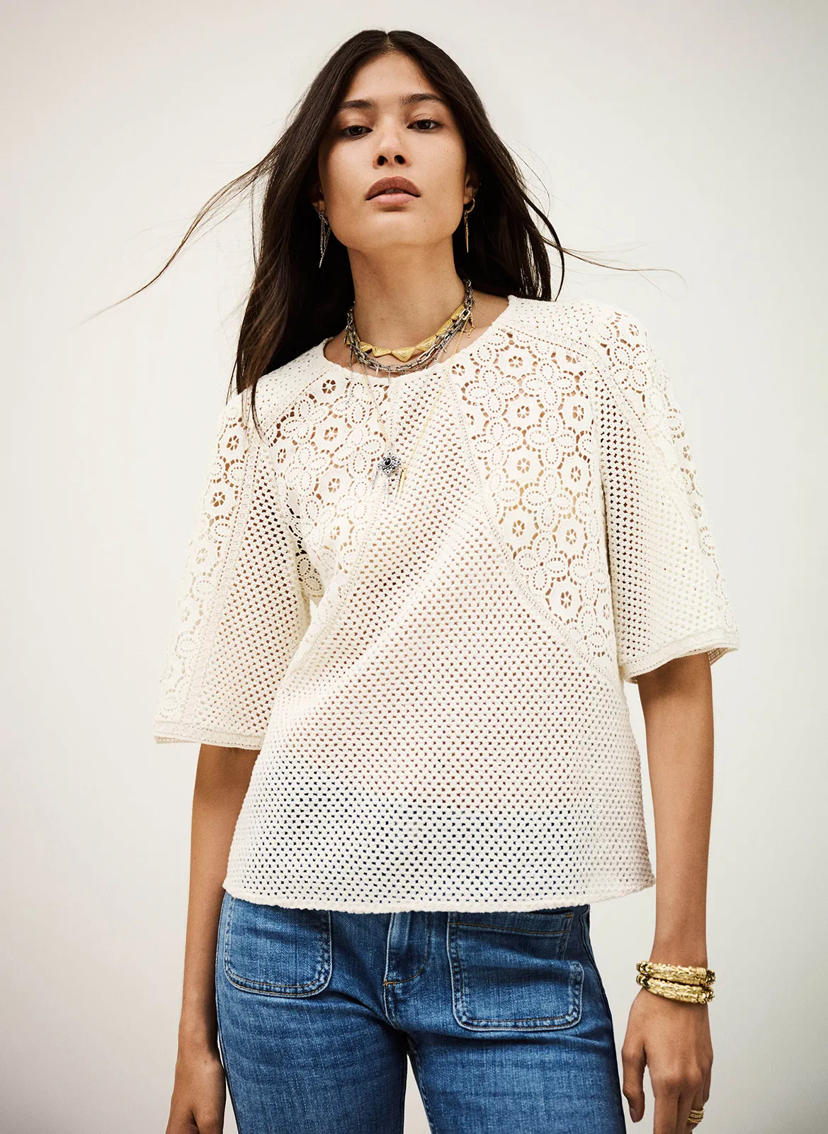 Top droit en maille ajourée fantaisie Beige MARLOW